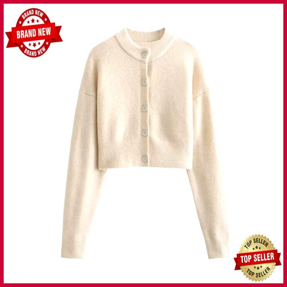 Cropped Cardigan Sweater Long Sleeve Button Down Slim Fit Knitted Top